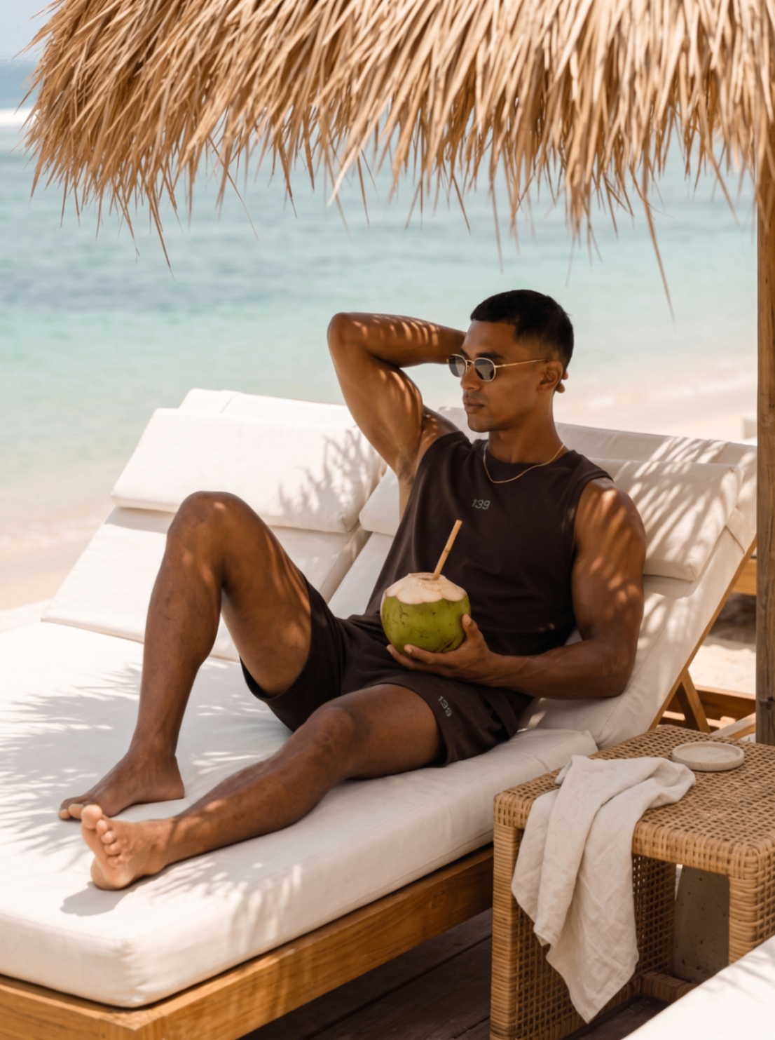139 model at a beach cabana